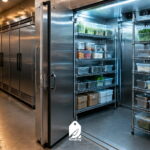 Cuoco che controlla con il termometro la temperatura di un frigorifero in una cucina professionale catena del freddo haccp